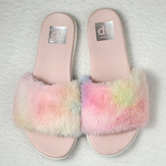 Dolce Vita “Jinah” Faux Fur Colorful Pastel Tie Dye Print Slides Size 9 - Picture 3 of 16